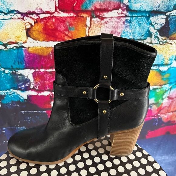 Lauren Ralph Lauren Dylan Black Leather Boots Chunky Block Stacked Heel 9 Medium - Picture 8 of 8